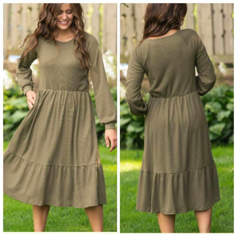 Inherit Clothing Company Waffle Knit Luna Tiered Midi Dress Long Sleeve Green M
